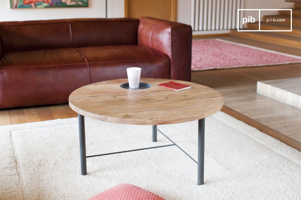 Hermosa mesa de centro redonda en madera y metal.