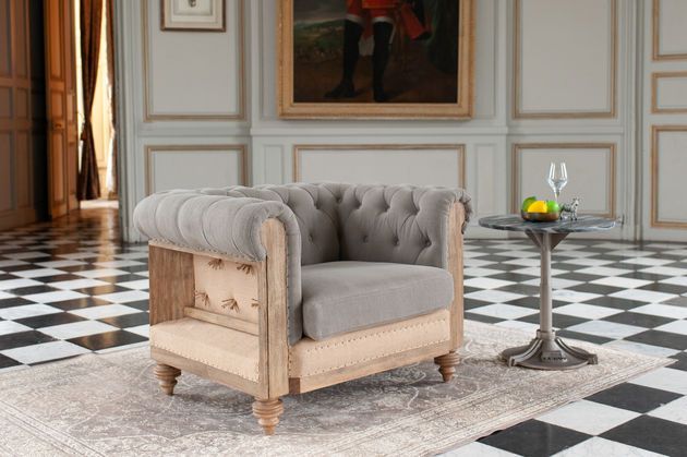 Sillón Chesterfield de lino y algodón gris Montaigu